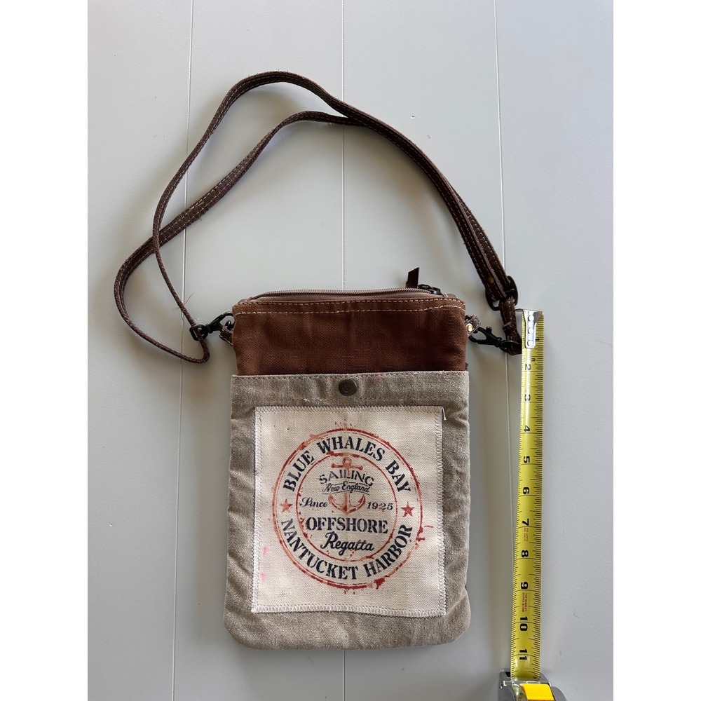 Myra Bag Upcycled Canvas Cowhide Leather Crossbody Bag Brown Western S-1205